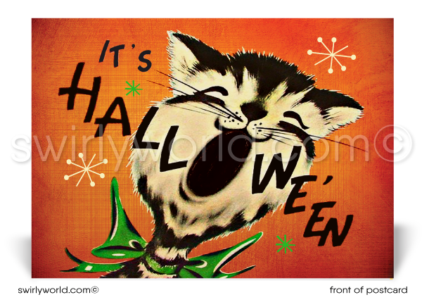 1950s mid-century retro vintage happy Halloween printed postcards. Vintage retro Halloween kitty cat.