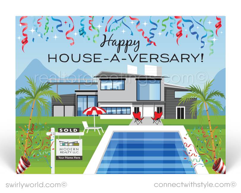 modern contemporary happy house-a-versary postcards for realtors and real estate agents