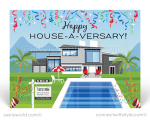 modern contemporary happy house-a-versary postcards for realtors and real estate agents
