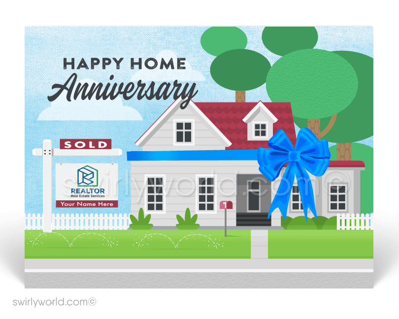 1950's ranch style house. Happy home anniversary cards for realtors
