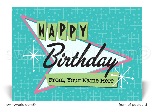 Fifties Retro Atomic Mod Pink Mid-Century Boomerang Pattern Happy Birthday Postcards