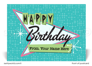 Fifties Retro Atomic Mod Pink Mid-Century Boomerang Pattern Happy Birthday Postcards