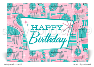 Pink and Blue 1950's style Atomic Modern Retro Pattern Happy Birthday Postcards for business.  Retro Modern Happy Birthday Postcards for Business. Boomerang retro mid-century modern happy birthday postcards for business professionals to send to clients. Retro mid-century modern postcard marketing for business. 