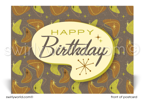 1950's Retro Atomic Mid-Century Modern Boomerang Pattern Birthday Postcards. Retro Modern Style happy birthday postcards. Mid-century modern pattern. Mid-century birthday. Retro modern postcards for business. Client happy birthday postcards. Retro mod birthday postcards. Atomic mod boomerang happy birthday postcards.