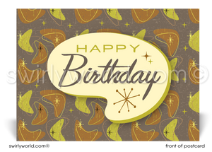 1950's Retro Atomic Mid-Century Modern Boomerang Pattern Birthday Postcards. Retro Modern Style happy birthday postcards. Mid-century modern pattern. Mid-century birthday. Retro modern postcards for business. Client happy birthday postcards. Retro mod birthday postcards. Atomic mod boomerang happy birthday postcards.