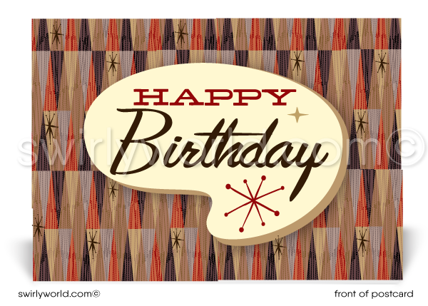 1950's Retro Atomic Modern Mid-Century Modern Diamond Pattern Birthday Postcards. Retro Modern Style happy birthday postcards. Mid-century modern pattern. Mid-century birthday. Retro modern postcards for business. Client happy birthday postcards. Retro mod birthday postcards. Atomic mod boomerang postcards for clients.