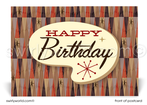 1950's Retro Atomic Modern Mid-Century Modern Diamond Pattern Birthday Postcards. Retro Modern Style happy birthday postcards. Mid-century modern pattern. Mid-century birthday. Retro modern postcards for business. Client happy birthday postcards. Retro mod birthday postcards. Atomic mod boomerang postcards for clients.