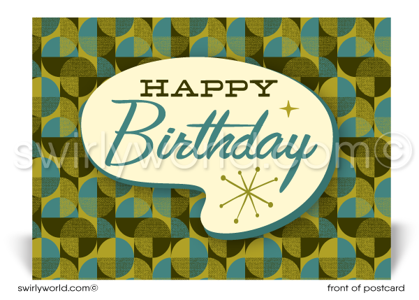 1960's Retro Atomic Mod Shapes Mid-Century Boomerang Pattern Happy Birthday Postcards. Retro Modern Style happy birthday postcards. Mid-century modern pattern. Mid-century birthday. Retro modern postcards for business. Client happy birthday postcards. Retro mod birthday postcards. Atomic mod boomerang birthday cards.