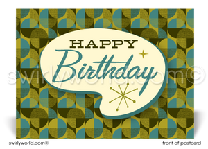 1960's Retro Atomic Mod Shapes Mid-Century Boomerang Pattern Happy Birthday Postcards. Retro Modern Style happy birthday postcards. Mid-century modern pattern. Mid-century birthday. Retro modern postcards for business. Client happy birthday postcards. Retro mod birthday postcards. Atomic mod boomerang birthday cards.