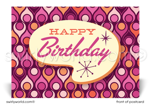 1960's Retro Atomic Mod Pink Shapes Mid-Century Boomerang Pattern Happy Birthday Postcards