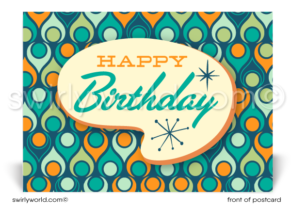 1960's Retro Atomic Mod Shapes Mid-Century Pattern Happy Birthday Postcards. Retro Modern Style happy birthday postcards. Mid-century modern pattern. Mid-century birthday. Retro modern postcards for business. Client happy birthday postcards. Retro mod birthday postcards. Atomic mod boomerang happy birthday postcards. 