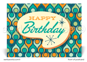 1960's Retro Atomic Mod Shapes Mid-Century Pattern Happy Birthday Postcards. Retro Modern Style happy birthday postcards. Mid-century modern pattern. Mid-century birthday. Retro modern postcards for business. Client happy birthday postcards. Retro mod birthday postcards. Atomic mod boomerang happy birthday postcards. 