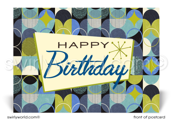 Blue and Green Atomic Modern Retro Style Pattern Happy Birthday Postcards