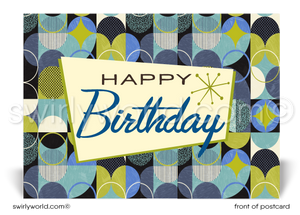 Blue and Green Atomic Modern Retro Style Pattern Happy Birthday Postcards