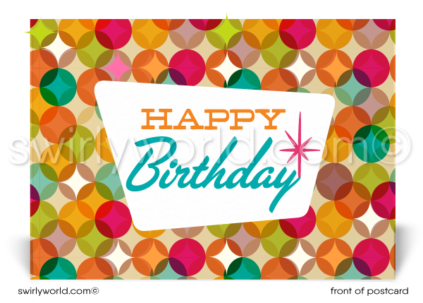 Blue and Green Atomic Modern Retro Style Pattern Happy Birthday Postcards. Retro Modern Style happy birthday postcards. Mid-century modern pattern. Mid-century birthday. Retro modern postcards for business. Client happy birthday postcards. Retro mod birthday postcards. Atomic mod boomerang happy birthday postcards. Atomic mod birthday postcards for customers.