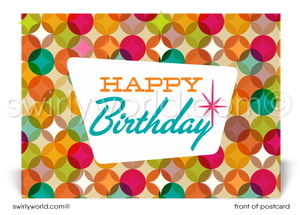 Blue and Green Atomic Modern Retro Style Pattern Happy Birthday Postcards. Retro Modern Style happy birthday postcards. Mid-century modern pattern. Mid-century birthday. Retro modern postcards for business. Client happy birthday postcards. Retro mod birthday postcards. Atomic mod boomerang happy birthday postcards. Atomic mod birthday postcards for customers.