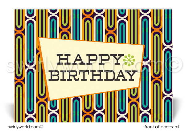 1960's Retro Mod Mid-Century Pattern Happy Birthday Postcards. Retro Modern Style happy birthday postcards. Mid-century modern pattern. Mid-century birthday. Retro modern postcards for business. Client happy birthday postcards. Retro mod birthday postcards. Atomic mod boomerang happy birthday postcards.