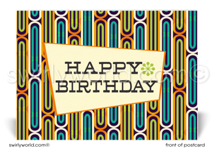 1960's Retro Mod Mid-Century Pattern Happy Birthday Postcards. Retro Modern Style happy birthday postcards. Mid-century modern pattern. Mid-century birthday. Retro modern postcards for business. Client happy birthday postcards. Retro mod birthday postcards. Atomic mod boomerang happy birthday postcards.