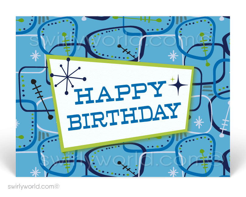 1950's Retro Mod Mid-Century Blue Atomic Pattern Happy Birthday Postcards