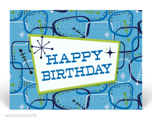 1950's Retro Mod Mid-Century Blue Atomic Pattern Happy Birthday Postcards