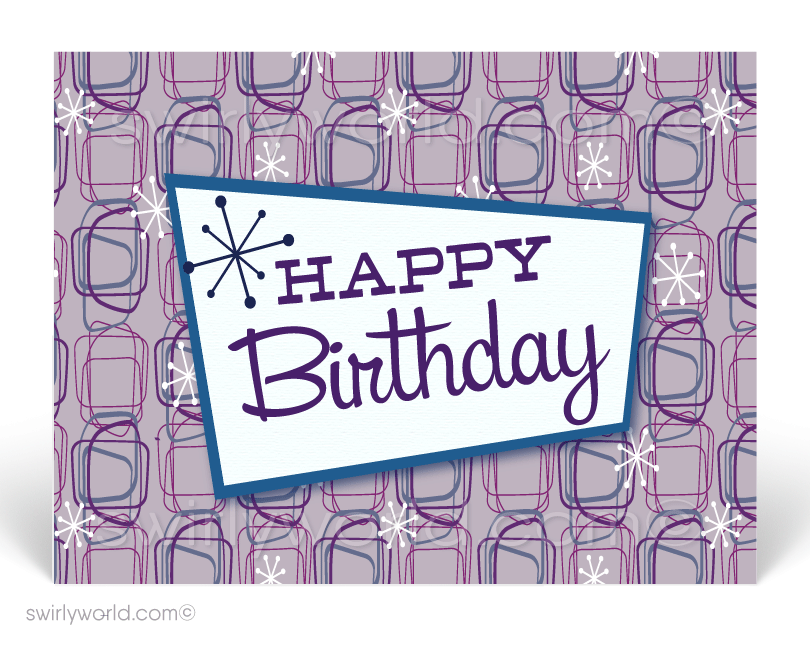 1950's Retro Mod Mid-Century Purple Atomic Pattern Happy Birthday Postcards