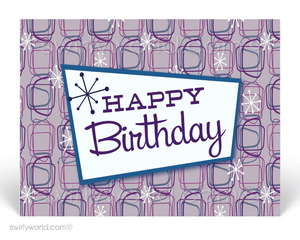1950's Retro Mod Mid-Century Purple Atomic Pattern Happy Birthday Postcards