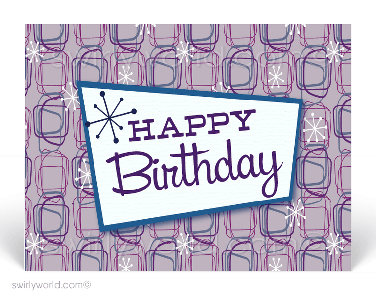 1950's Retro Mod Mid-Century Purple Atomic Pattern Happy Birthday Postcards