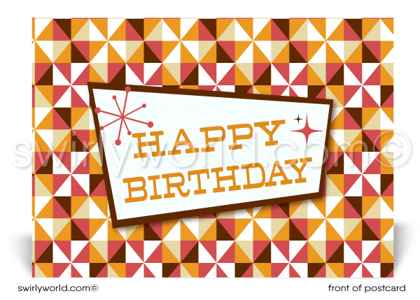 1960's Retro Mod Mid-Century Orange Atomic Pattern Happy Birthday Postcards