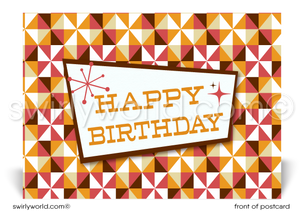 1960's Retro Mod Mid-Century Orange Atomic Pattern Happy Birthday Postcards