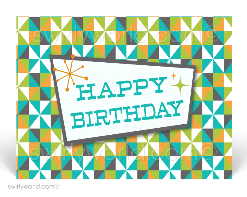 1960's Retro Mod Mid-Century Blue and Green Atomic Pattern Happy Birthday Postcards