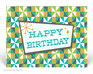 1960's Retro Mod Mid-Century Blue and Green Atomic Pattern Happy Birthday Postcards