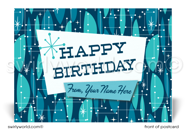 1950s Retro Atomic Mod Mid-Century Blue Pattern Happy Birthday Postcards. Retro Modern Style happy birthday postcards. Mid-century modern pattern. Mid-century birthday. Retro modern postcards for business. Client happy birthday postcards. Retro mod birthday postcards. Atomic mod boomerang happy birthday postcards.