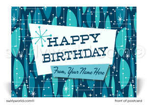 1950s Retro Atomic Mod Mid-Century Blue Pattern Happy Birthday Postcards. Retro Modern Style happy birthday postcards. Mid-century modern pattern. Mid-century birthday. Retro modern postcards for business. Client happy birthday postcards. Retro mod birthday postcards. Atomic mod boomerang happy birthday postcards.