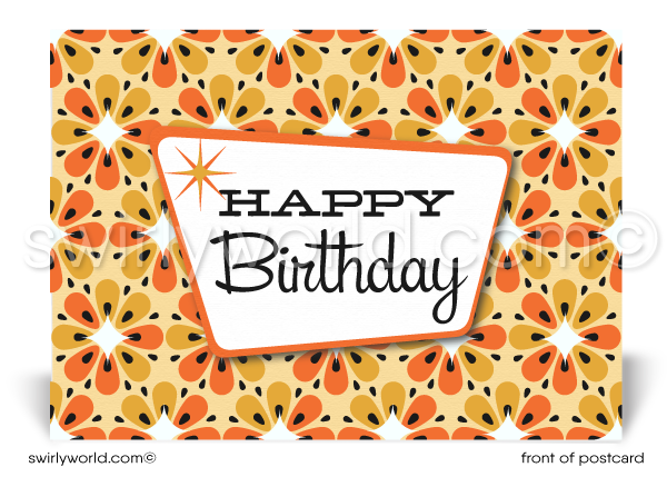 1960's Retro Atomic Mod Mid-Century Yellow Flower Pattern Happy Birthday Postcards. 1960's Retro Atomic Mod Mid-Century Yellow Flower Pattern Birthday Postcards. Retro Modern Style happy birthday postcards. Mid-century modern pattern. Mid-century birthday. Retro modern postcards for business. Client happy birthday postcards. Retro mod birthday postcards. Atomic mod boomerang happy birthday postcards.