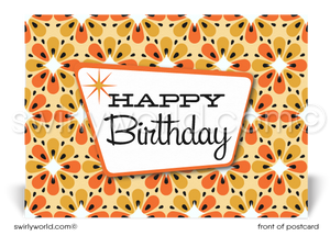 1960's Retro Atomic Mod Mid-Century Yellow Flower Pattern Happy Birthday Postcards. 1960's Retro Atomic Mod Mid-Century Yellow Flower Pattern Birthday Postcards. Retro Modern Style happy birthday postcards. Mid-century modern pattern. Mid-century birthday. Retro modern postcards for business. Client happy birthday postcards. Retro mod birthday postcards. Atomic mod boomerang happy birthday postcards.