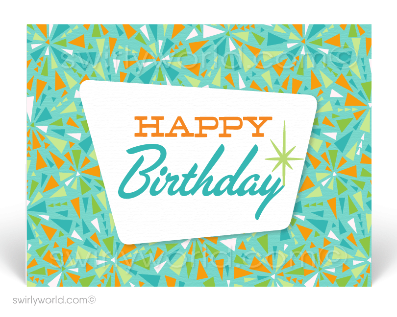 1960's Retro Atomic Mod Mid-Century Starburst Pattern Happy Birthday Postcards