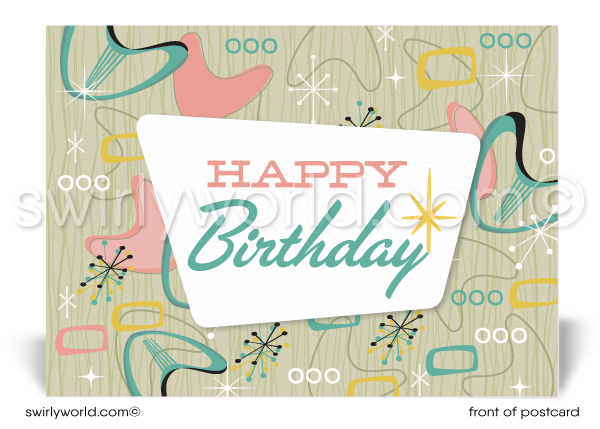 Fifties Retro Atomic Mod Mid-Century Boomerang Pattern Birthday Postcards. Retro Modern Style happy birthday postcards. Mid-century modern pattern. Mid-century birthday. Retro modern postcards for business. Client happy birthday postcards. Retro mod birthday postcards. Atomic mod boomerang happy birthday postcards.