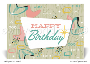 Fifties Retro Atomic Mod Mid-Century Boomerang Pattern Birthday Postcards. Retro Modern Style happy birthday postcards. Mid-century modern pattern. Mid-century birthday. Retro modern postcards for business. Client happy birthday postcards. Retro mod birthday postcards. Atomic mod boomerang happy birthday postcards.