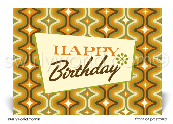 1960's Retro Mod Orange Mid-Century Pattern Happy Birthday Postcards