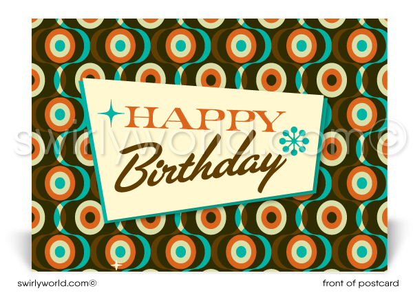 1960's Retro Mod Circles Mid-Century Pattern Happy Birthday Postcards. Retro Modern Style happy birthday postcards. Mid-century modern pattern. Mid-century birthday. Retro modern postcards for business. Client happy birthday postcards. Retro mod birthday postcards. Atomic mod boomerang happy birthday postcards.