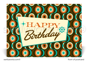 1960's Retro Mod Circles Mid-Century Pattern Happy Birthday Postcards. Retro Modern Style happy birthday postcards. Mid-century modern pattern. Mid-century birthday. Retro modern postcards for business. Client happy birthday postcards. Retro mod birthday postcards. Atomic mod boomerang happy birthday postcards.