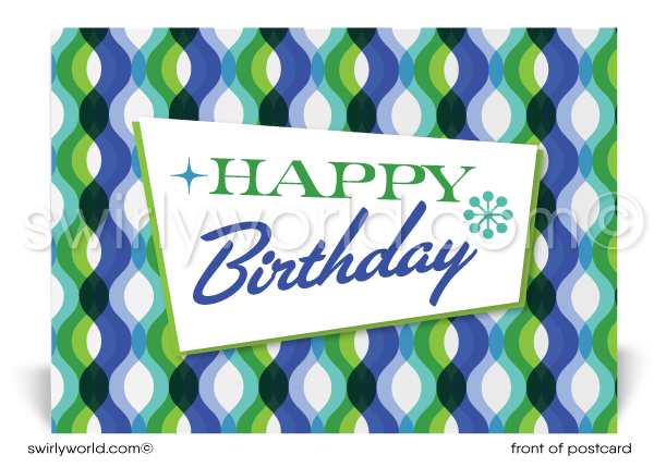 1960's Retro Mod Waves Mid-Century Pattern Happy Birthday Postcards. Retro Modern Style happy birthday postcards. Mid-century modern pattern. Mid-century birthday. Retro modern postcards for business. Client happy birthday postcards. Retro mod birthday postcards. Atomic mod boomerang happy birthday postcards.