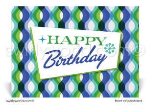 1960's Retro Mod Waves Mid-Century Pattern Happy Birthday Postcards. Retro Modern Style happy birthday postcards. Mid-century modern pattern. Mid-century birthday. Retro modern postcards for business. Client happy birthday postcards. Retro mod birthday postcards. Atomic mod boomerang happy birthday postcards.