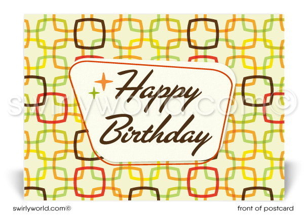 Retro Mid-Century Modern Shape Links Pattern Happy Birthday Postcards. Retro Modern Style happy birthday postcards. Mid-century modern pattern. Mid-century birthday. Retro modern postcards for business. Client happy birthday postcards. Retro mod birthday postcards. Atomic mod boomerang happy birthday postcards.