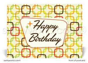 Retro Mid-Century Modern Shape Links Pattern Happy Birthday Postcards. Retro Modern Style happy birthday postcards. Mid-century modern pattern. Mid-century birthday. Retro modern postcards for business. Client happy birthday postcards. Retro mod birthday postcards. Atomic mod boomerang happy birthday postcards.