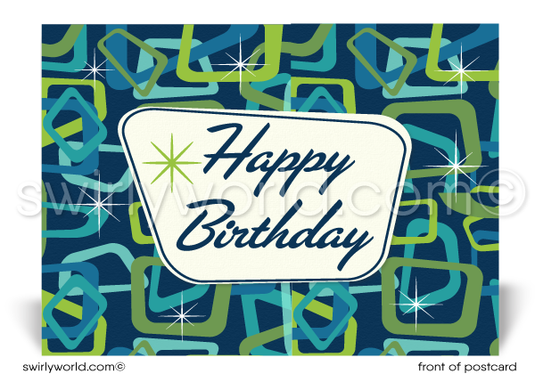 Blue and Green Retro Modern Atomic Starburst Pattern Happy Birthday Postcard. Retro Modern Style happy birthday postcards. Mid-century modern pattern. Mid-century birthday. Retro modern postcards for business. Client happy birthday postcards. Retro mod birthday postcards. Atomic mod boomerang happy birthday postcards. 