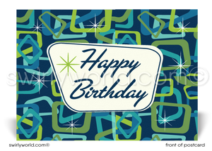 Blue and Green Retro Modern Atomic Starburst Pattern Happy Birthday Postcard. Retro Modern Style happy birthday postcards. Mid-century modern pattern. Mid-century birthday. Retro modern postcards for business. Client happy birthday postcards. Retro mod birthday postcards. Atomic mod boomerang happy birthday postcards. 