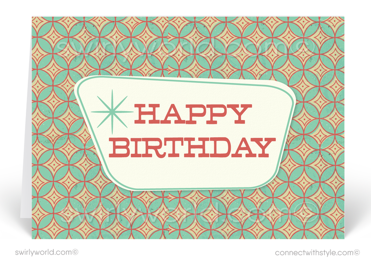 1950's Retro Atomic Modern Diamond Pattern Happy Birthday Cards