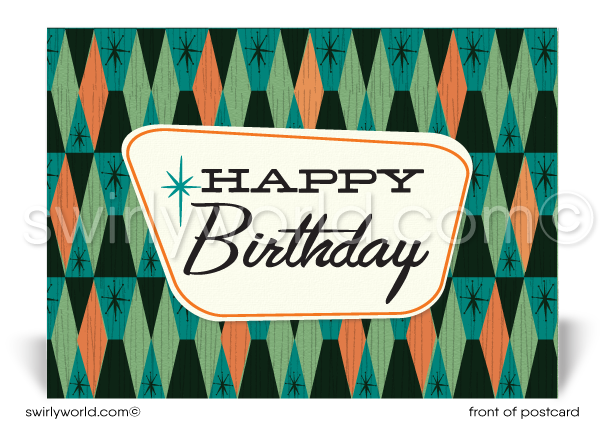 1960's Retro Mod Circles Mid-Century Pattern Happy Birthday Postcards. Retro Modern Style happy birthday postcards. Mid-century modern pattern. Mid-century birthday. Retro modern postcards for business. Client happy birthday postcards. Retro mod birthday postcards. Atomic mod boomerang happy birthday postcards.
