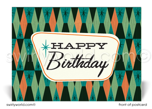 1960's Retro Mod Circles Mid-Century Pattern Happy Birthday Postcards. Retro Modern Style happy birthday postcards. Mid-century modern pattern. Mid-century birthday. Retro modern postcards for business. Client happy birthday postcards. Retro mod birthday postcards. Atomic mod boomerang happy birthday postcards.